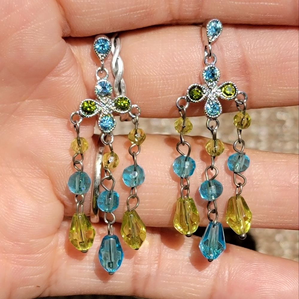 925 sterling silver dangling green and blue crystals cascading waterfall earring
